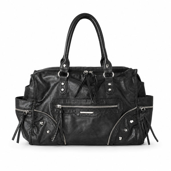 Large distressed leather-look moto tote bag with silver rivets, tassel zip pulls, front zip pocket, and dual top handles