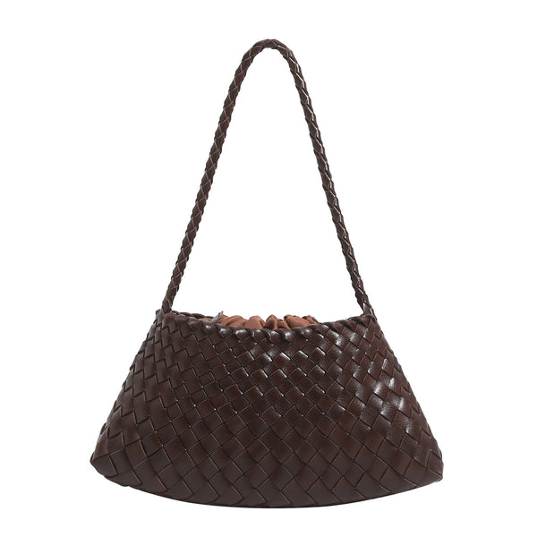 Weiche gewebte Schultertasche in Lederoptik mit geflochtenem Trageriemen und geraffter Kordelzugöffnung, Detailansicht 5