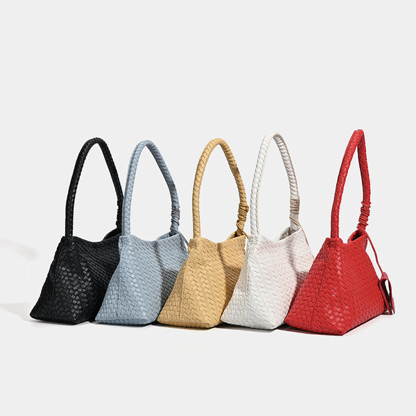Woven leather-look shoulder bag with braided strap, trapezoidal body, and matching zip pouch, detail view 2