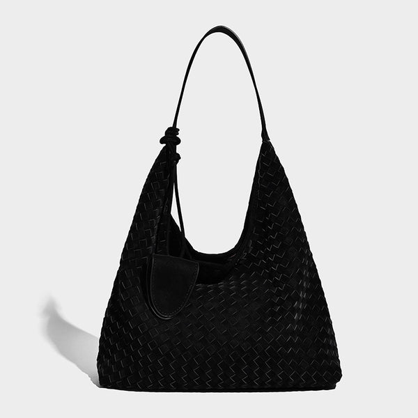 Slouchy woven hobo shoulder bag with knotted strap and matte leather-look textured finish, detail view 7