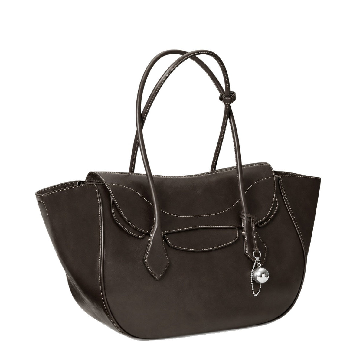 Large winged leather-look tote bag with single arched handle, stitched flap-front panel, and silver ball charm in cognac