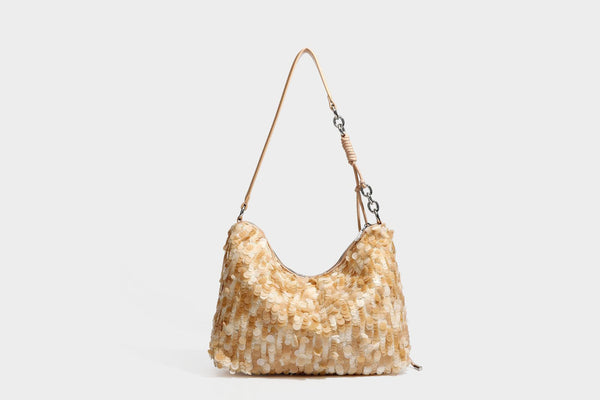 Slouchy paillette sequin hobo shoulder bag with zip closure and adjustable leather-look strap with silver chain hardware