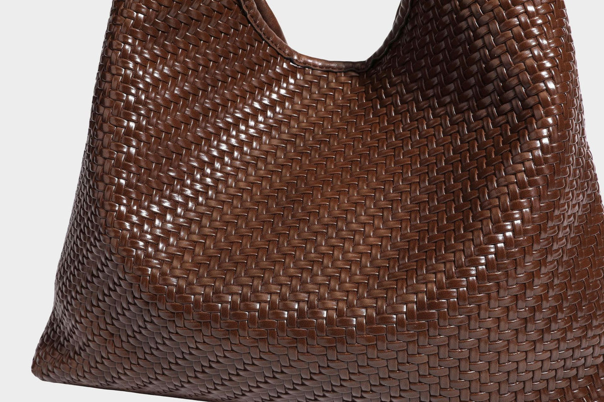 Slouchy woven leather-look hobo tote bag in brown with detachable zip pouch and gold-tone hardware, detail view 34