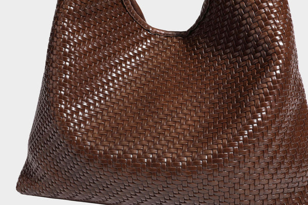 Slouchy woven leather-look hobo tote bag in brown with detachable zip pouch and gold-tone hardware, detail view 34