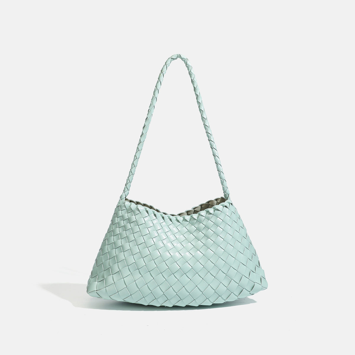 Dark brown hand-woven leather-look hobo shoulder bag with braided strap and drawstring closure, detail view 11