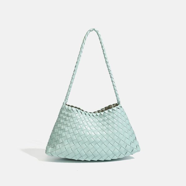 Dark brown hand-woven leather-look hobo shoulder bag with braided strap and drawstring closure, detail view 11