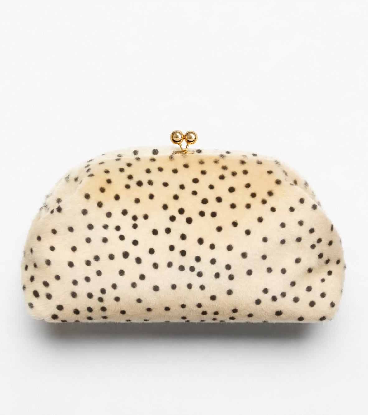 Rounded spotted faux-fur kiss-lock clutch bag with gold-tone chain strap in cream with black dot print, detail view 7