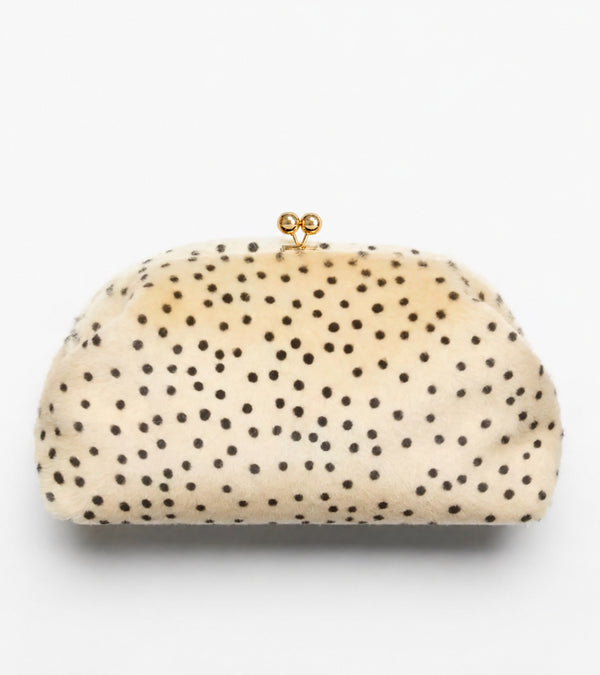 Rounded spotted faux-fur kiss-lock clutch bag with gold-tone chain strap in cream with black dot print, detail view 7