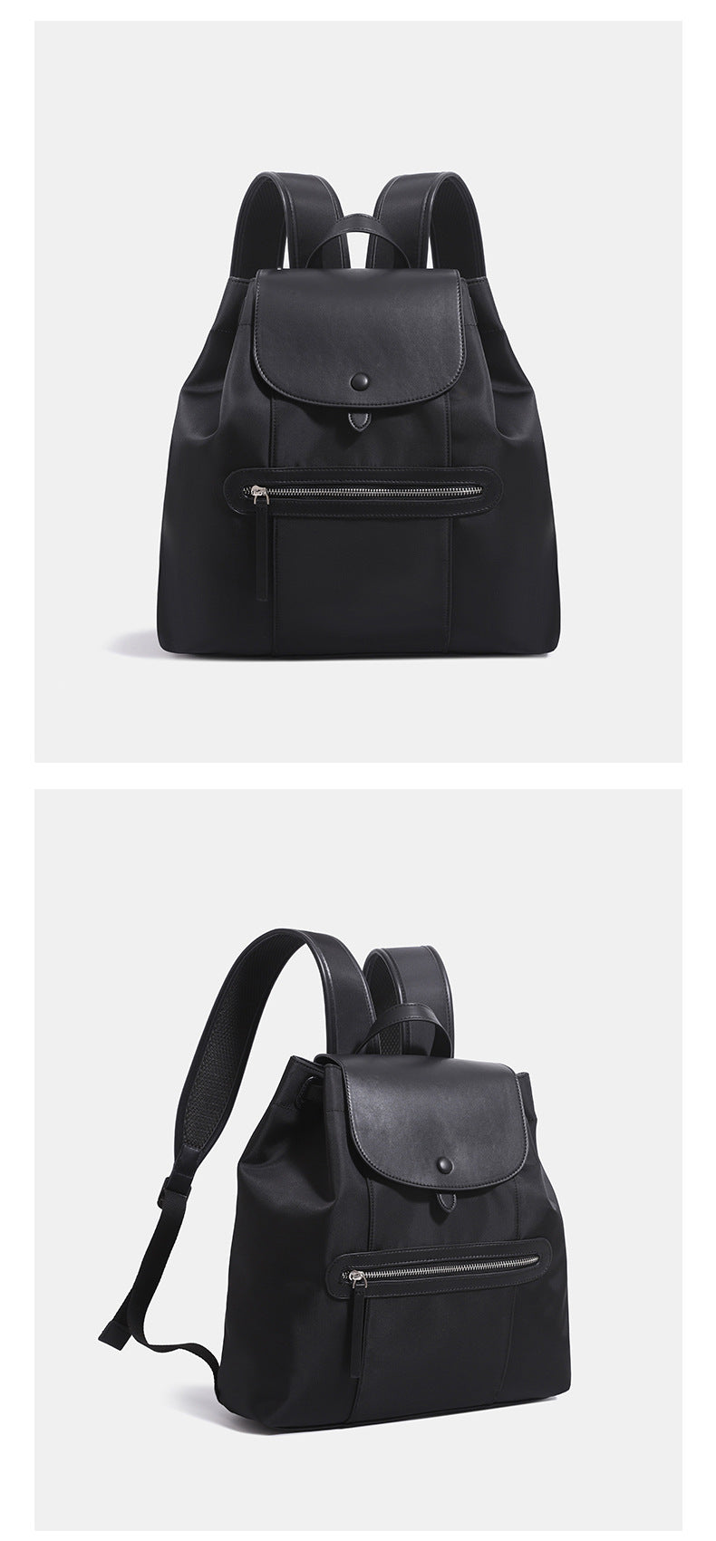 Structured flap backpack handbag with snap closure and front zip pocket, detail view 10