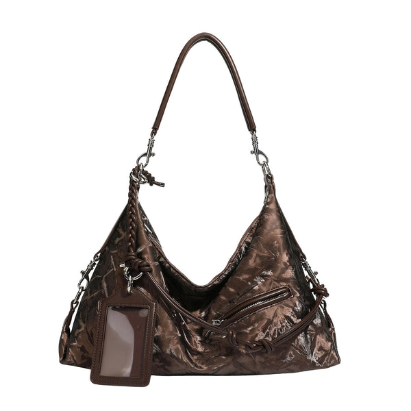 Slouchy hobo shoulder bag in crinkled metallic brown leather-look finish with braided rope knots, silver-tone hardware