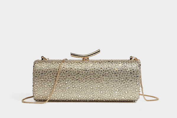 Structured rectangular hard-case clutch bag covered in all-over rhinestone crystal embellishment with curved kiss-lock top