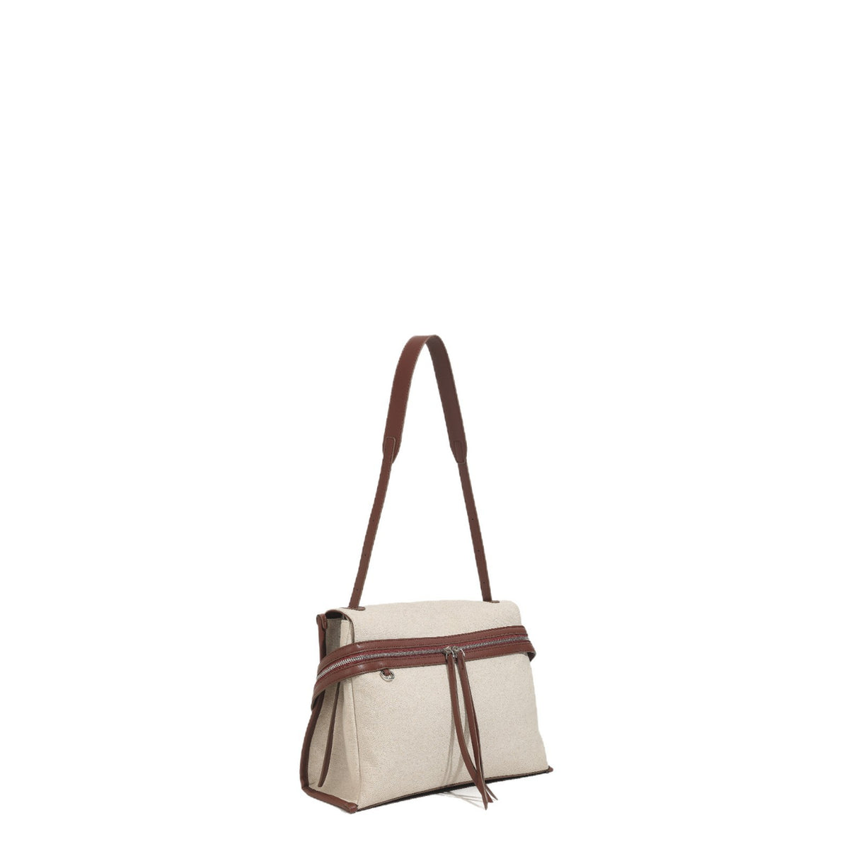 Cream canvas tote bag with brown leather-look trim, dual exterior zip pockets, long shoulder strap, and black flower charm