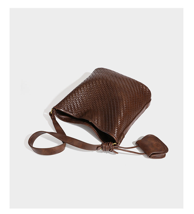 Woven-look slouchy hobo shoulder bag in brown with attached mini pouch and gold-tone hardware, detail view 15