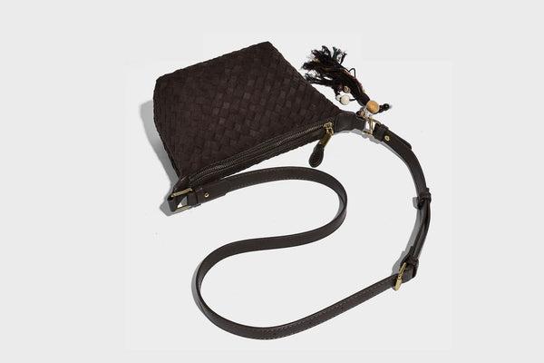 Small woven-texture crescent hobo bag in dark chocolate brown with top zip closure, gold-tone hardware, and adjustable