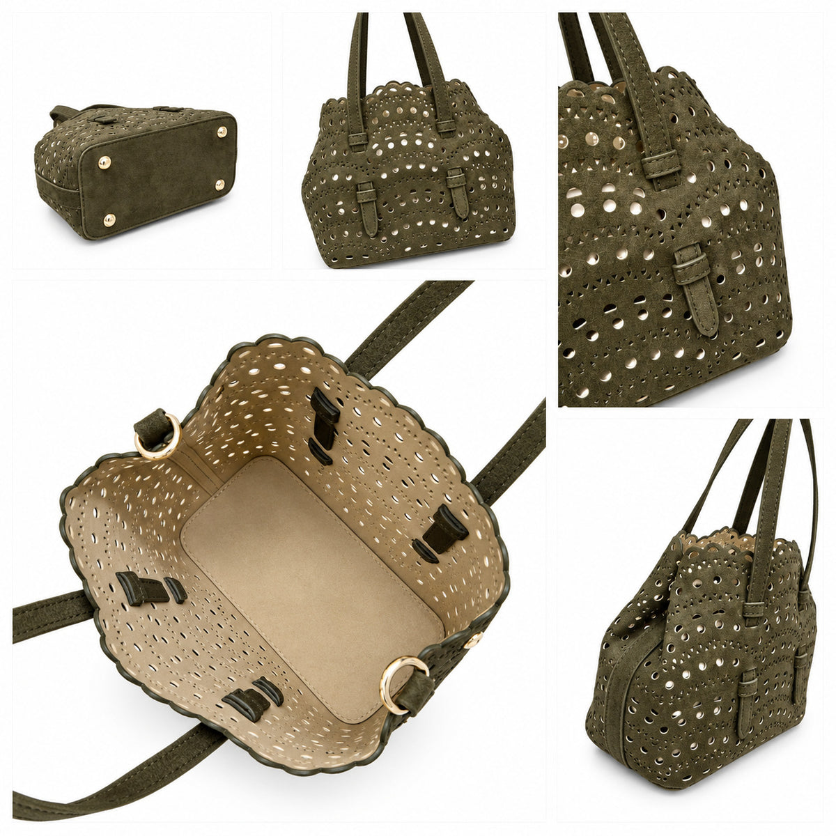 Structured scalloped perforated tote bag with matte suede-look finish and detachable zip pouch, detail view 12