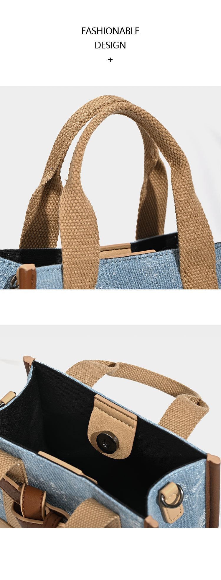 Structured mini tote bag in washed denim and neutral colorblock with brown leather-look trim and front belt buckle detail