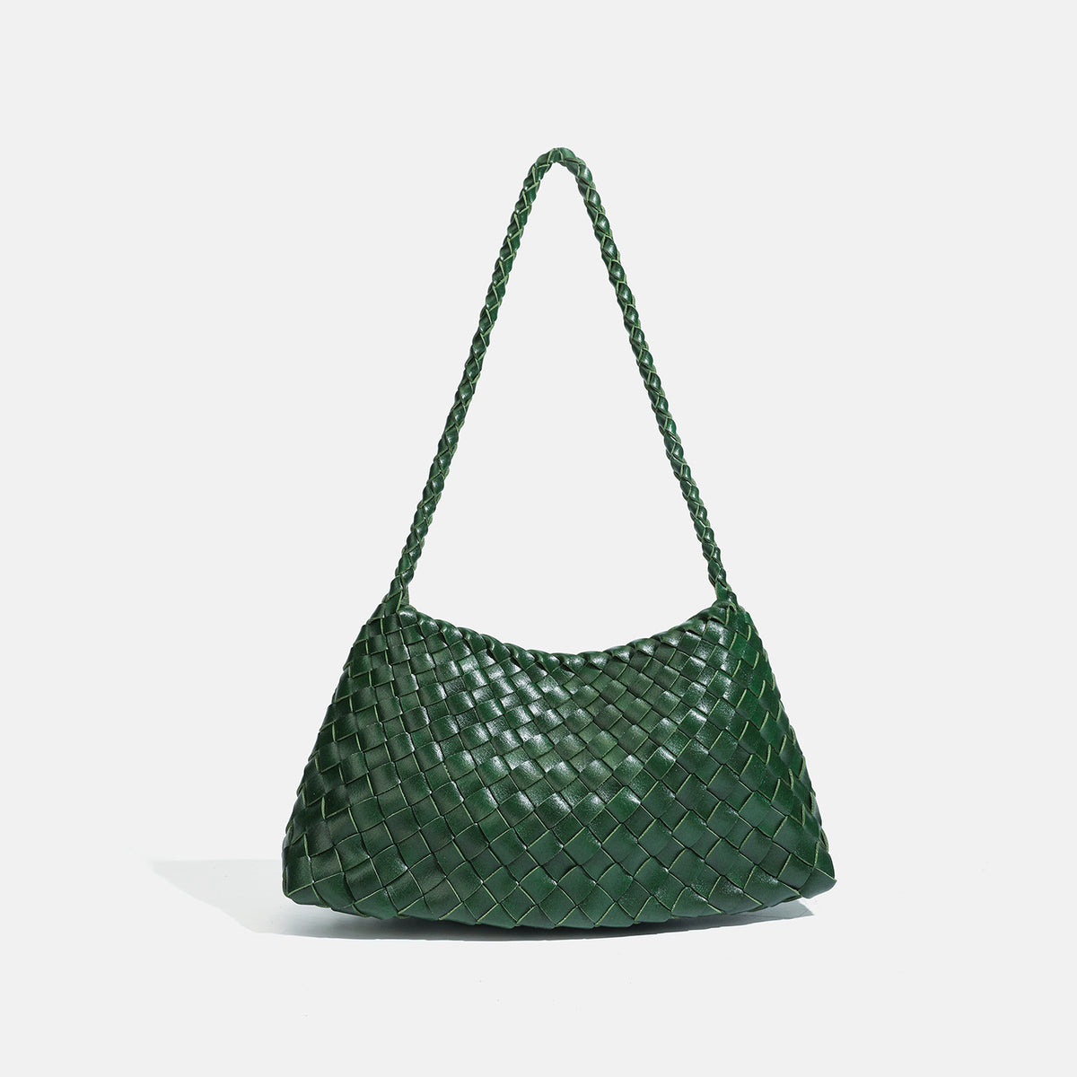 Dark brown hand-woven leather-look hobo shoulder bag with braided strap and drawstring closure, detail view 14
