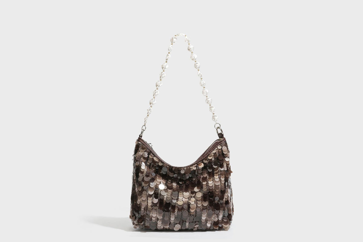 Small crescent sequin shoulder bag with pearl beaded strap and zip closure, detail view 32
