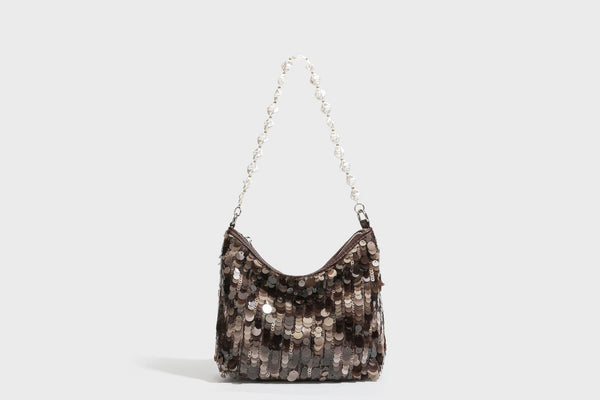 Small crescent sequin shoulder bag with pearl beaded strap and zip closure, detail view 32