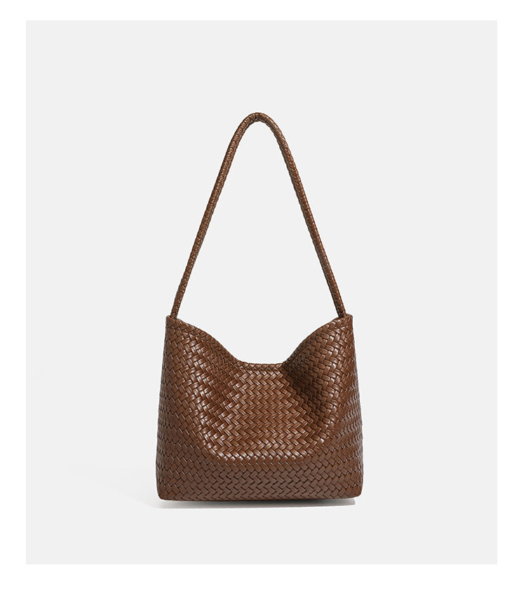 Woven leather-look hobo shoulder bag with braided strap and matching zip pouch, detail view 15