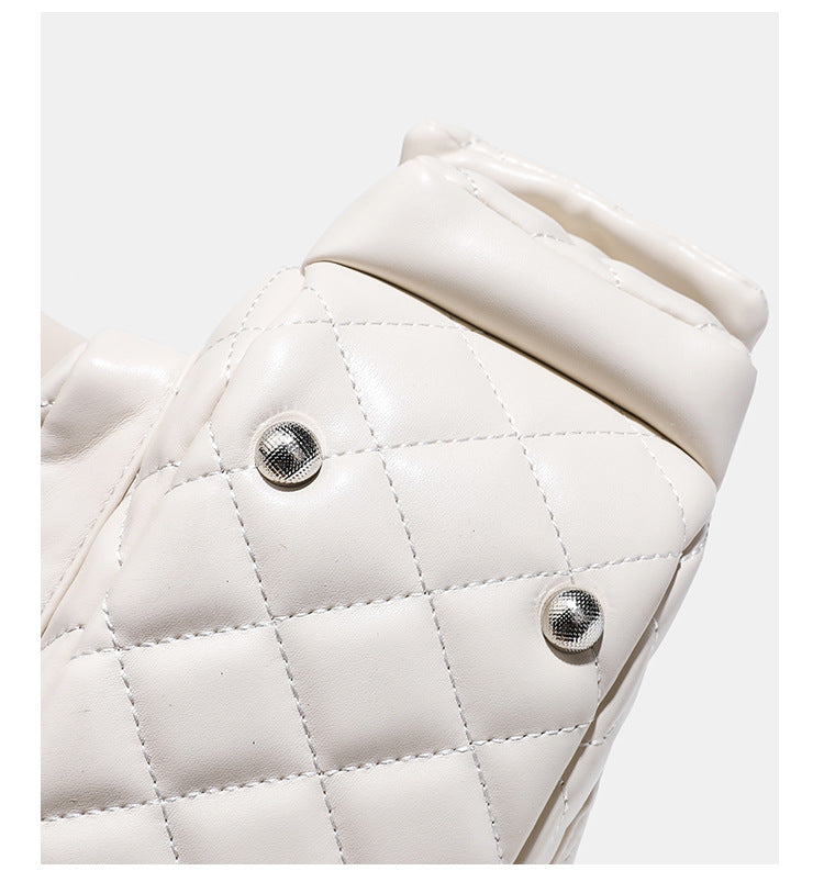 Off-white quilted leather-look hobo shoulder bag with diamond stitching, chain-and-strap handle, two front flap pockets
