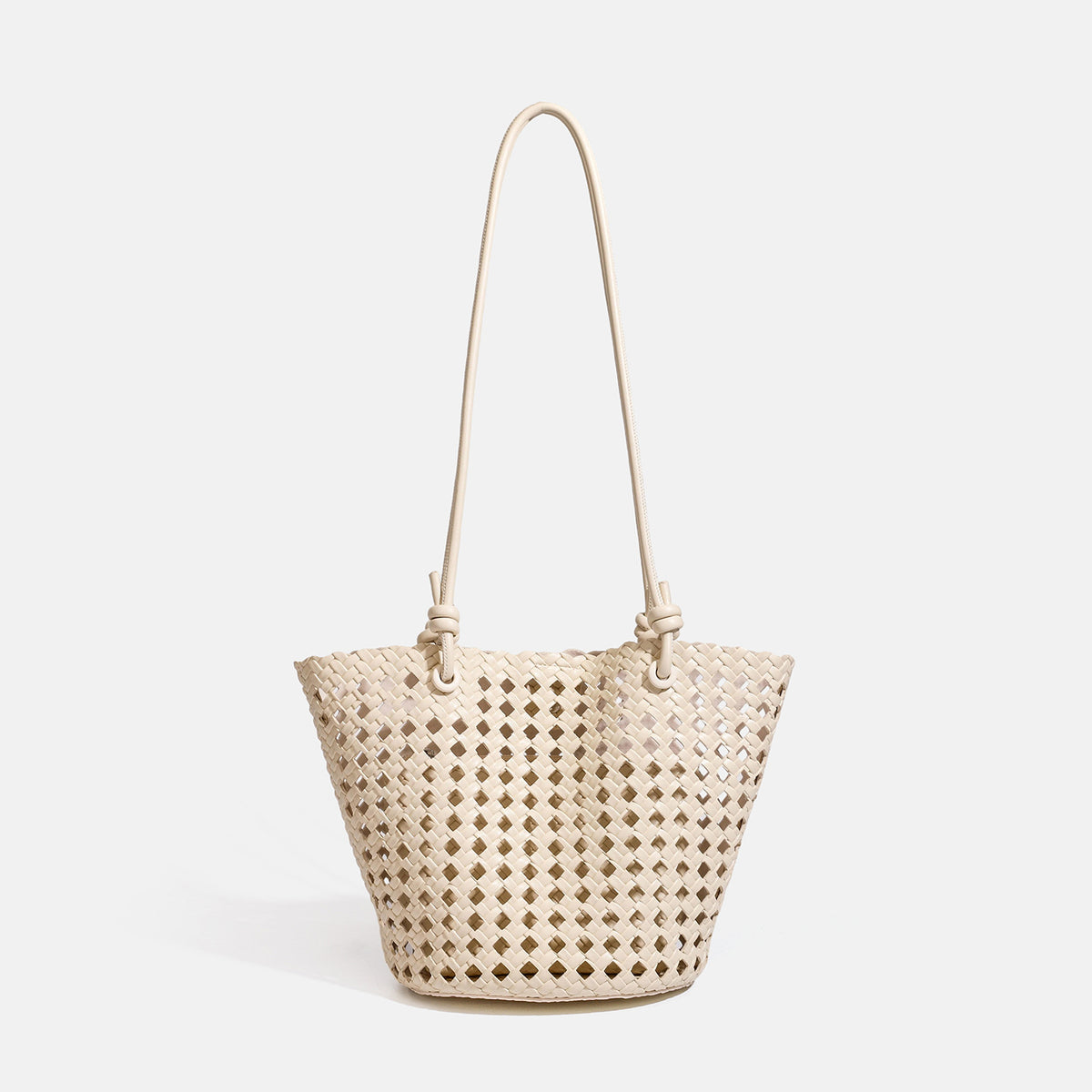 Open-weave lattice bucket tote bag with long knotted cord handles and tapered silhouette, detail view 8