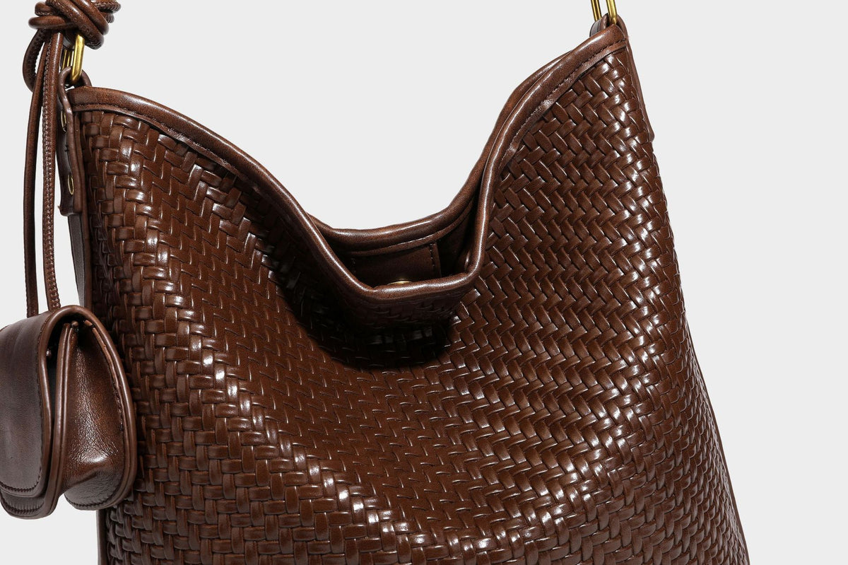 Woven-look slouchy hobo shoulder bag in brown with attached mini pouch and gold-tone hardware, detail view 28