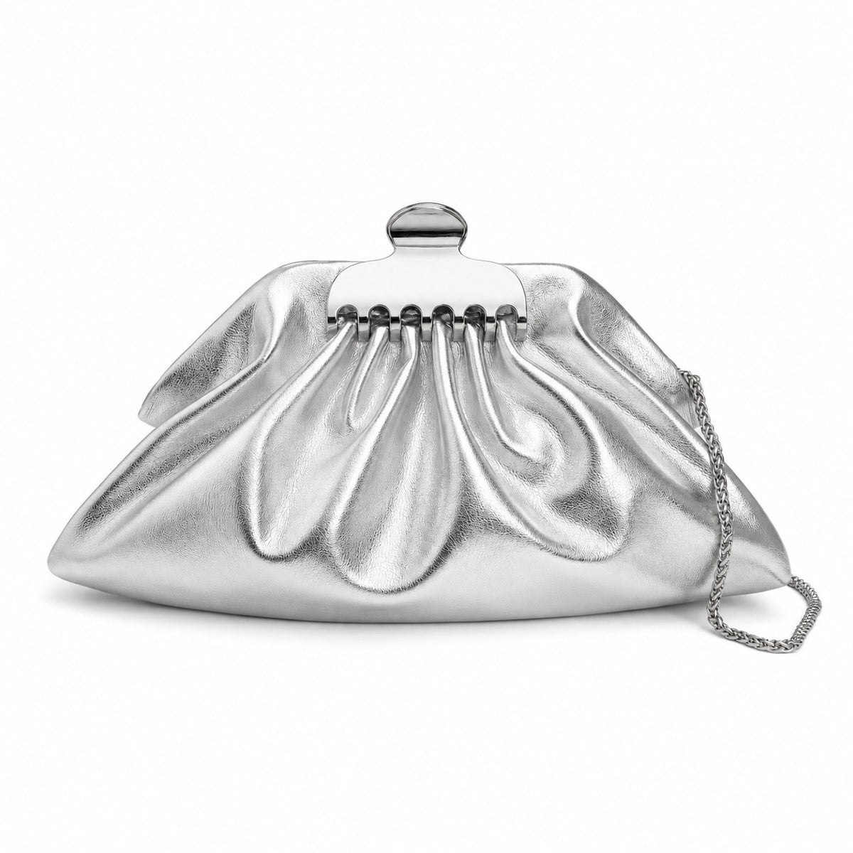 Gathered pouch clutch bag in metallic silver with polished silver-tone frame clasp and fine chain strap, detail view 12