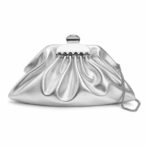 Gathered pouch clutch bag in metallic silver with polished silver-tone frame clasp and fine chain strap, detail view 12