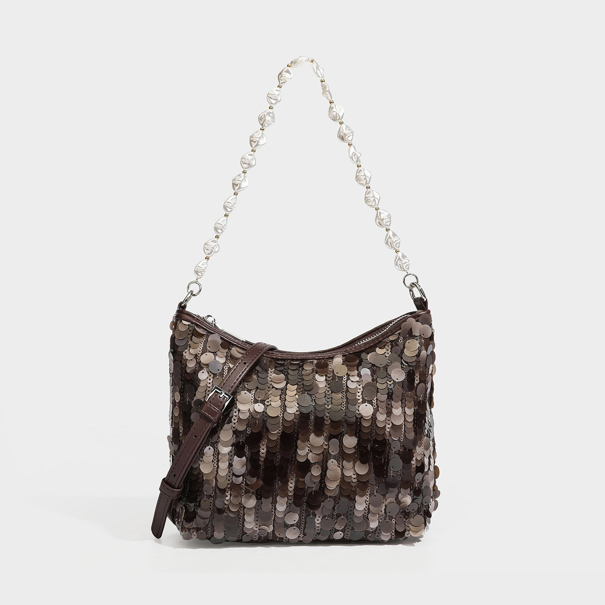 Champagne and ivory large-disc sequin shoulder bag with baroque faux-pearl beaded chain strap and silver-tone zip closure