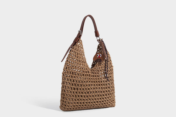 Slouchy open-knit crochet hobo tote bag with leather-look top handle and metal buckle hardware, detail view 26