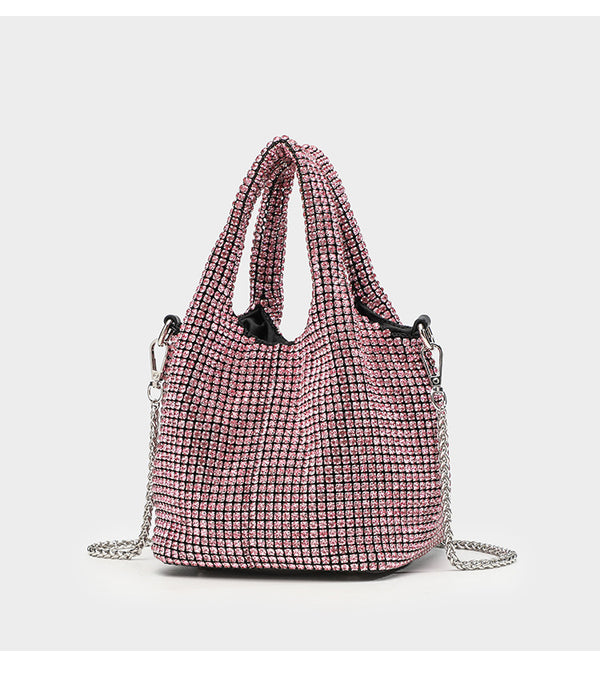 Small all-over rhinestone crystal bucket bag with twin handles and detachable chain shoulder strap, detail view 21