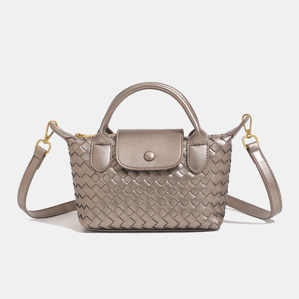 Small structured woven leather-look top-handle bag with gold-tone hardware and detachable crossbody strap, detail view 8