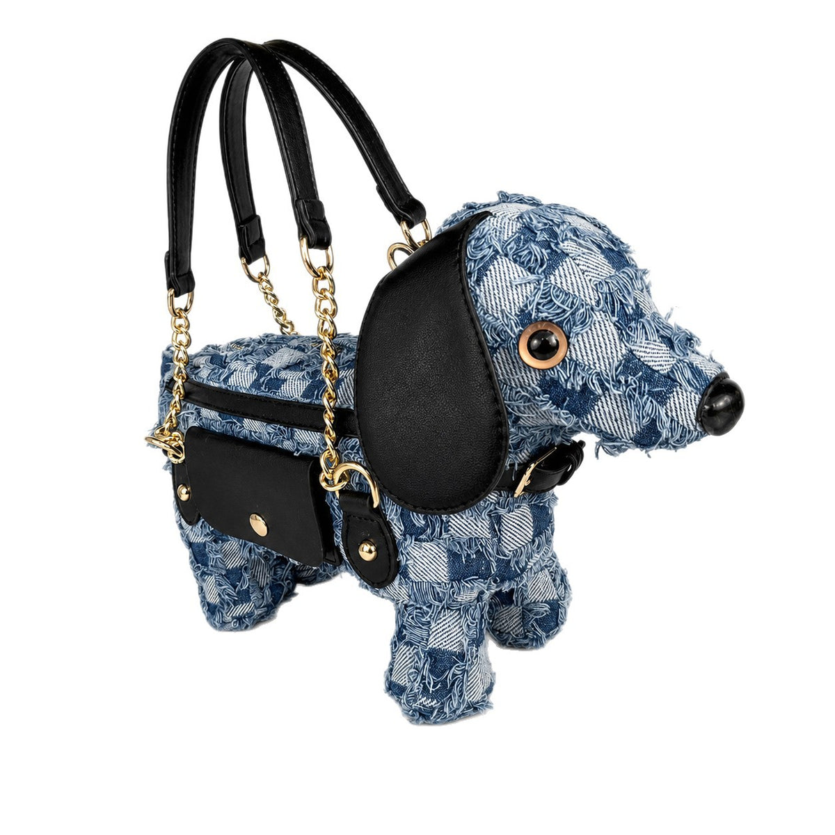 Dachshund-shaped frayed denim patchwork crossbody bag with black leather-look ear, gold-tone chain strap, and front, detail