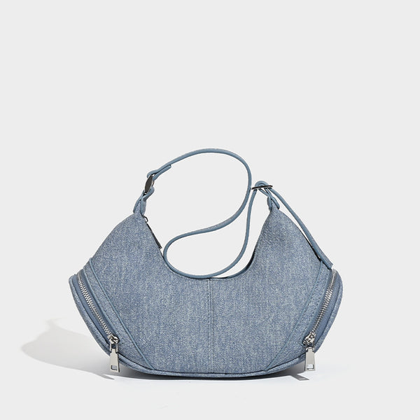 Mini-Hobo-Schultertasche in Halbmondform mit zwei seitlichen Reißverschlusstaschen und silberfarbenen Beschlägen, Detailansicht 9