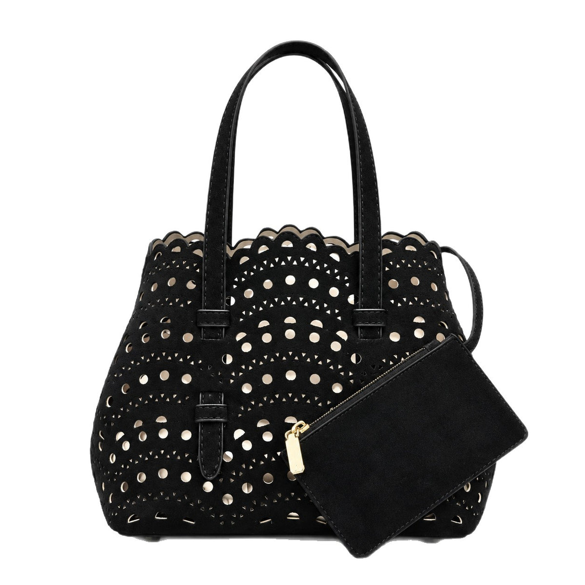Structured scalloped perforated tote bag with matte suede-look finish and detachable zip pouch, detail view 5