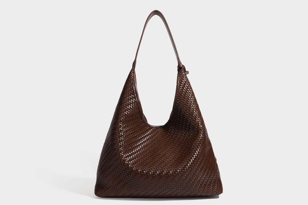 Slouchy woven leather-look hobo tote bag in brown with detachable zip pouch and gold-tone hardware, detail view 33