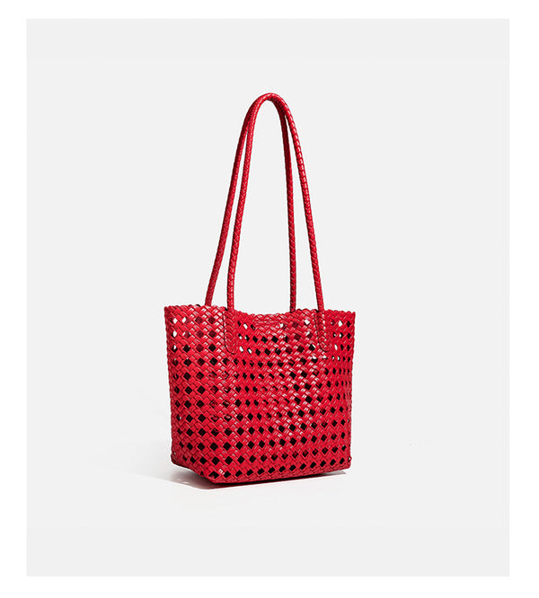 Chartreusefarbene, durchbrochen geflochtene Tote-Bag mit langen geflochtenen Schulterriemen und gewelltem oberen Rand, Detailansicht 25
