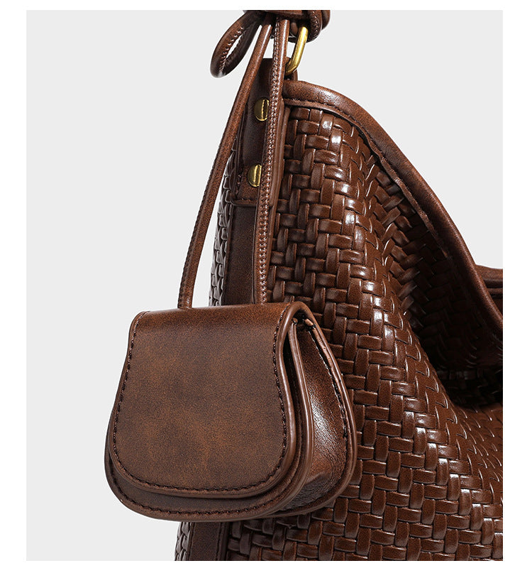 Woven-look slouchy hobo shoulder bag in brown with attached mini pouch and gold-tone hardware, detail view 23