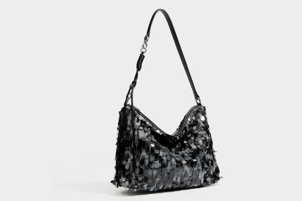 Slouchy paillette sequin hobo shoulder bag with zip closure and adjustable leather-look strap with silver chain hardware