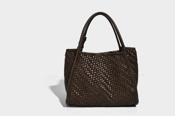 Woven texture open-top tote bag with smooth trim top handles and attached mini drawstring pouch in dark brown, detail view 19