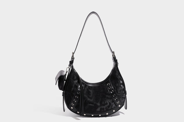 Crescent-Hobo-Schultertasche mit braunem Leopardenmuster, silbernen Nieten, Ösenbesatz, verstellbarem Riemen und abnehmbarem Mini