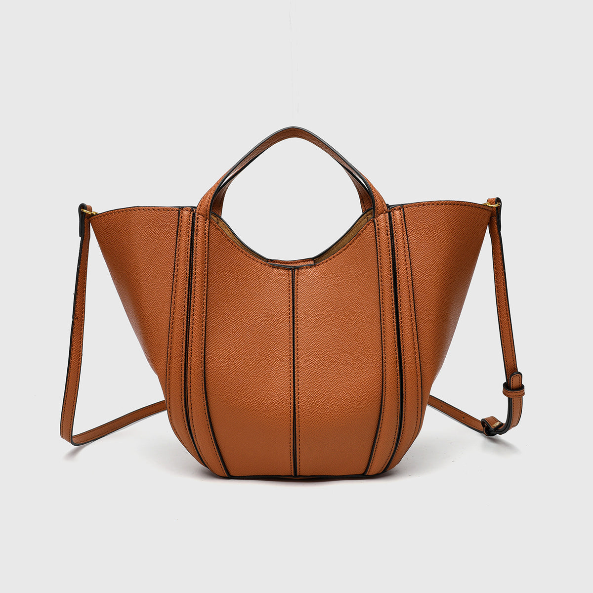 Structured open-top tote bag in tan brown pebbled leather-look finish with vertical seam accents, black edge piping, curved