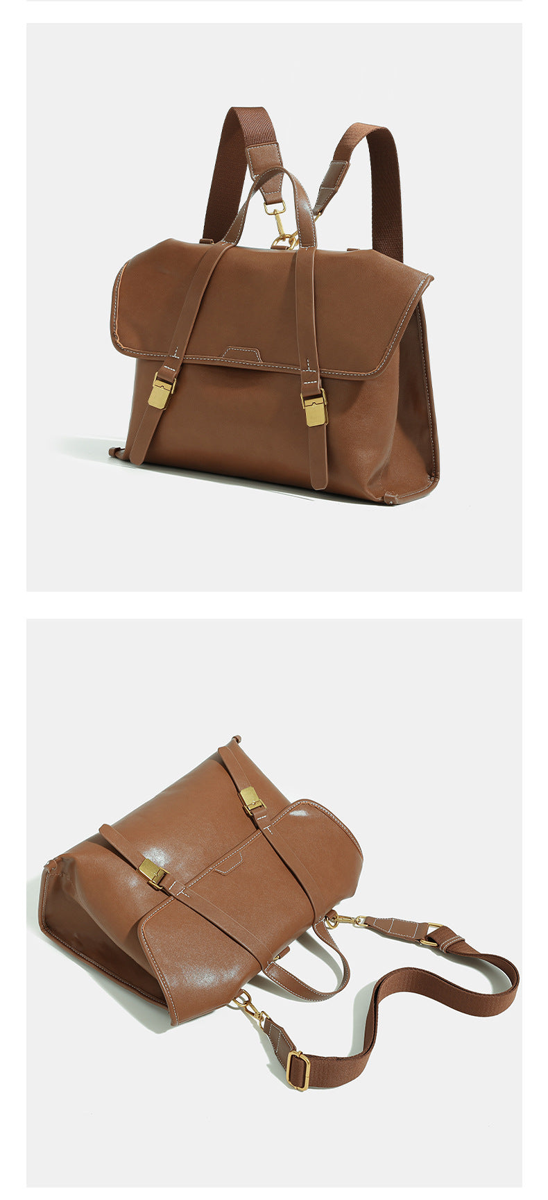 Structured flap-over backpack satchel in smooth leather-look finish with gold-tone buckle hardware and top handle, detail