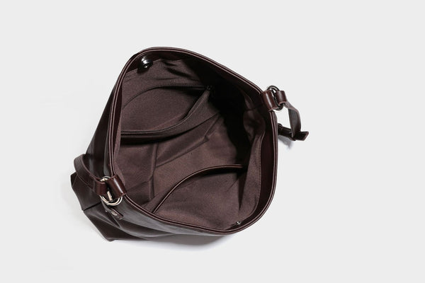Large slouchy hobo shoulder bag in dark brown with smooth leather-look finish, adjustable strap, and silver-tone hardware