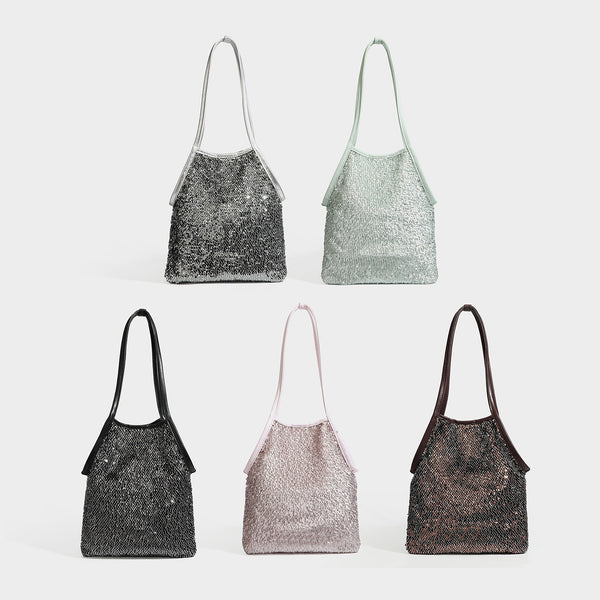 Kleiner Schulter-Shopper mit Pailletten, langem Metallic-Riemen und trapezförmiger Silhouette, Detailansicht 2