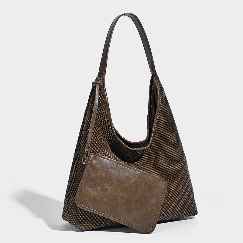 Lässige Hobo-Schultertasche im gewebten Look in Braun mit Besatz in Lederoptik und abnehmbarer Reißverschlusstasche auf der Vorderseite, Detailansicht 6