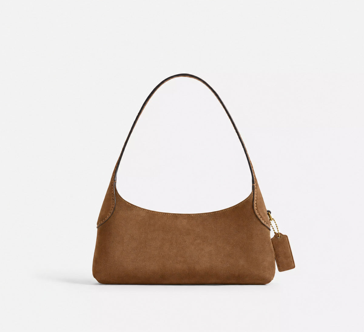 Slim crescent-silhouette shoulder bag in chocolate brown suede-look finish with contrast topstitching, top zip closure, thin