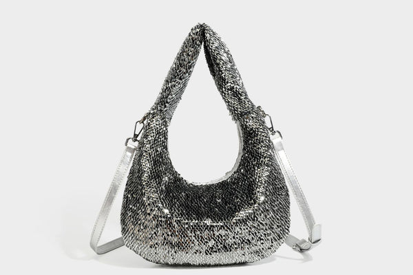 Lässig drapierte, tropfenförmige Hobo-Schultertasche mit durchgehendem Metallic-Paillettenbesatz und silberfarbenen Metalldetails, Detailansicht 36