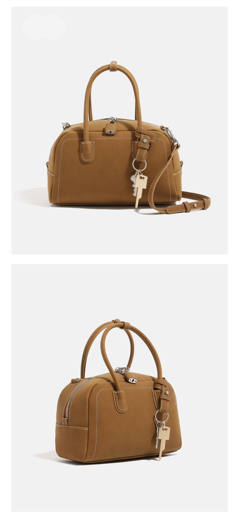 Compact retro Boston satchel bag with matte suede-look finish, twin rounded top handles, double zip closure with silver-tone